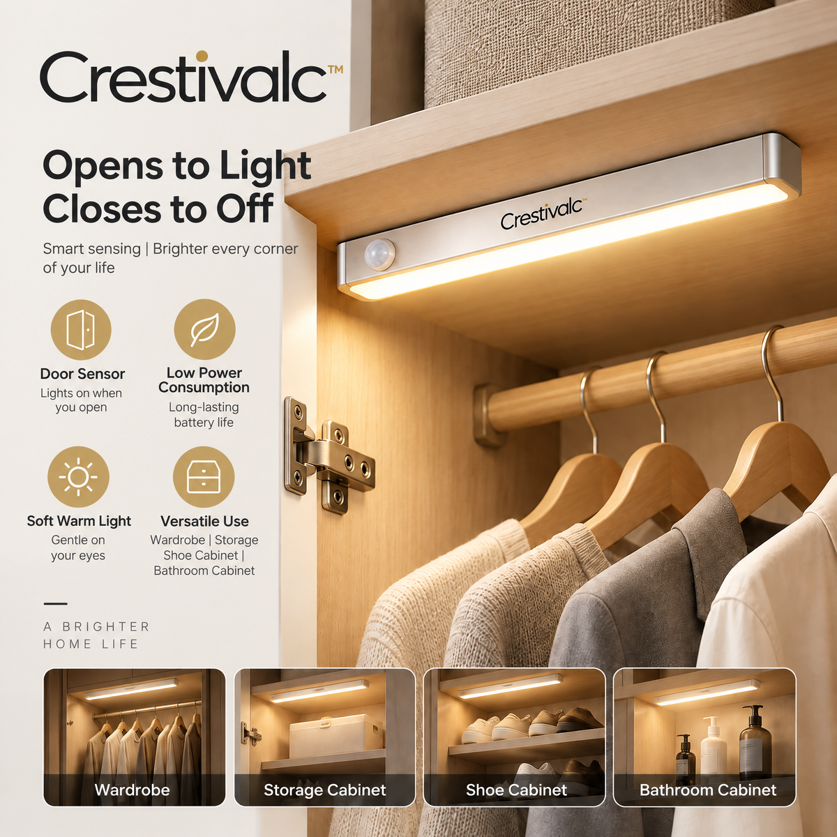 Crestivalc™ Slim Motion Sensor Light Bar | 12.6-Inch Warm LED Under-Cabinet & Closet Light