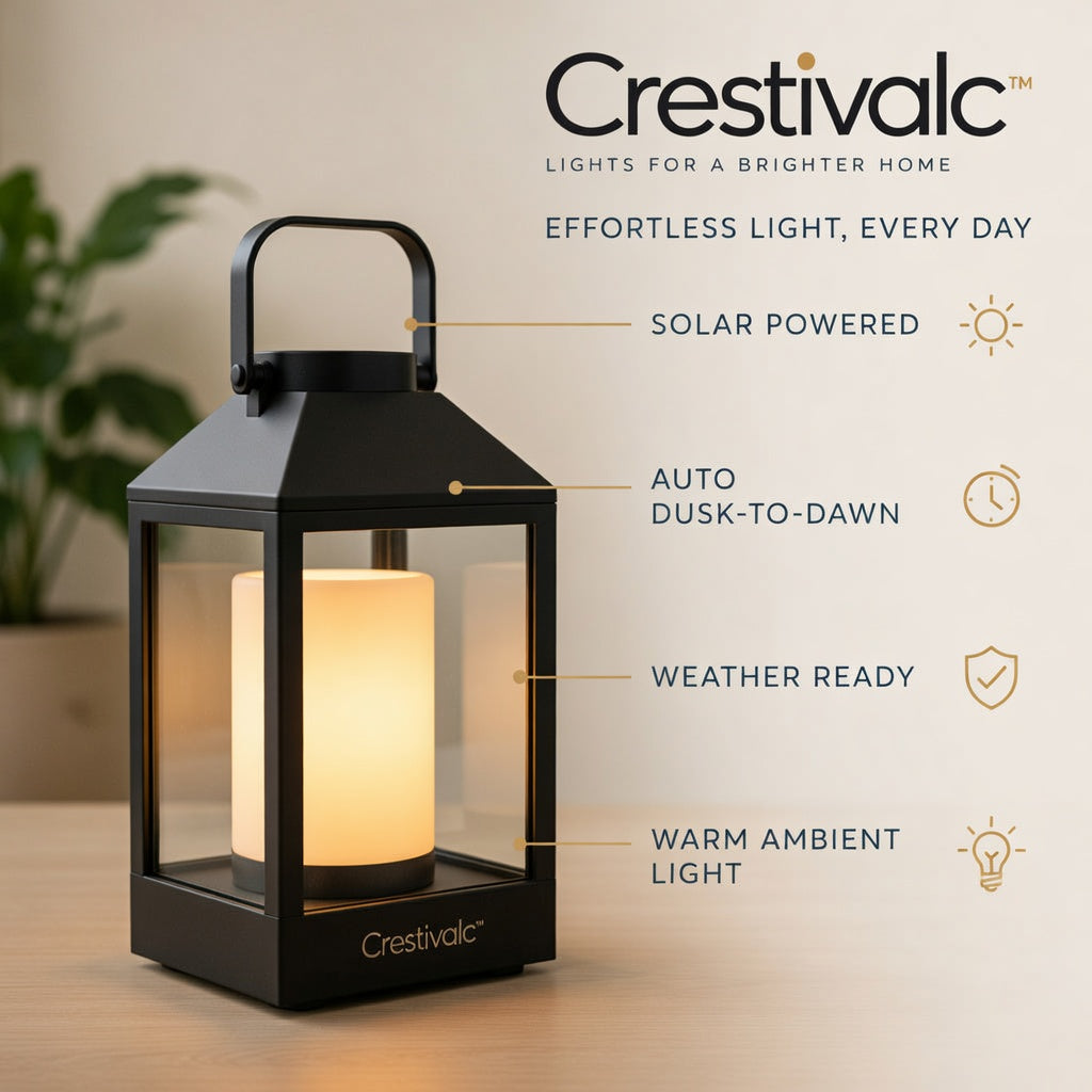 Crestivalc™ Solar Outdoor Lantern | Automatic Dusk-to-Dawn Weather-Ready Warm LED Light